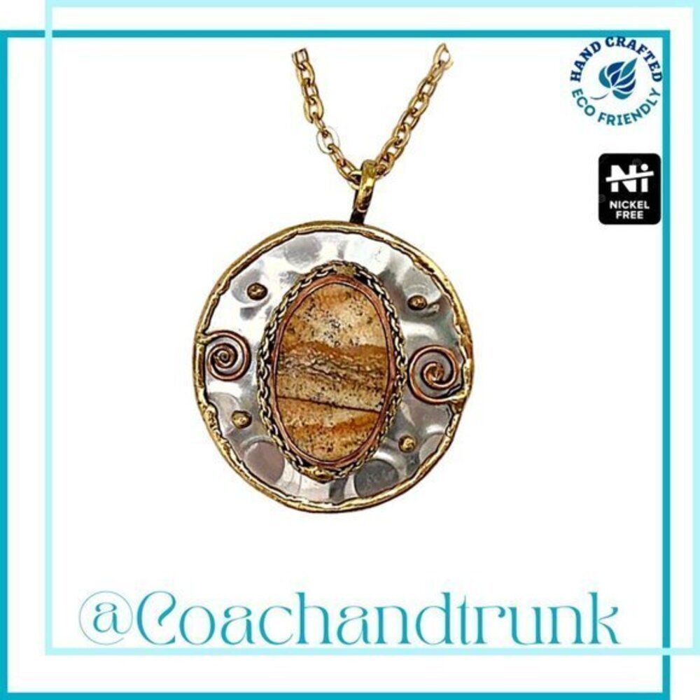 Natural Picture Agate Cabochon Necklace Hand Soldered Metalwork Artisan NWT